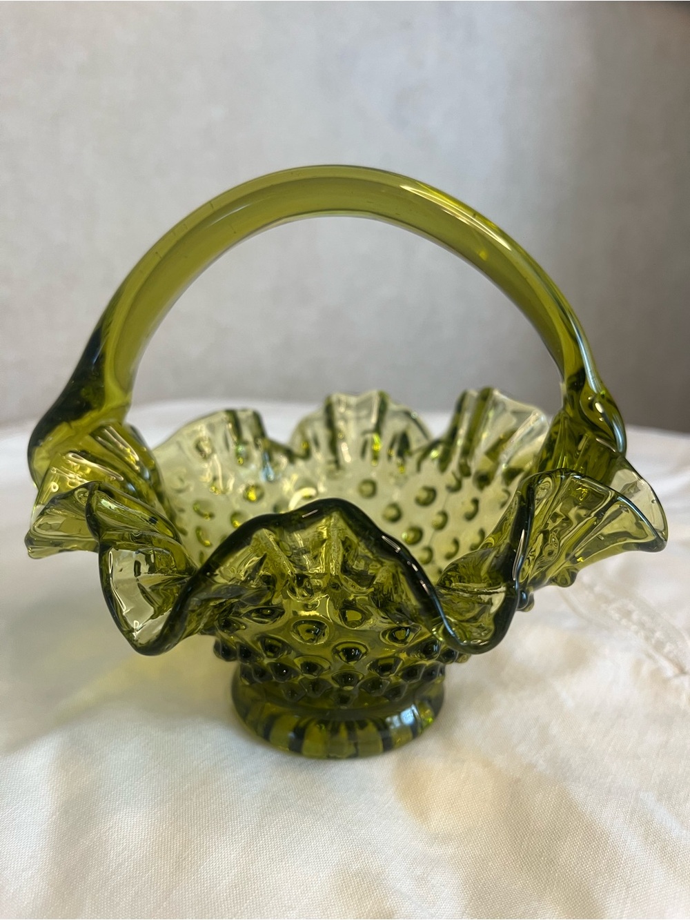 Vintage Fenton Decorative Hobnail Olive Green Basket- Decorative Home Art